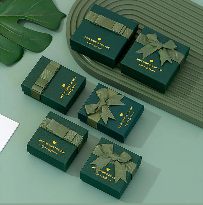 Luxury Dark Green Paper Cardboard Necklace Bracelet Rings Earrings Pendant Gift Paper Packaging Box for Jewelry With Ribbon Bowknot
