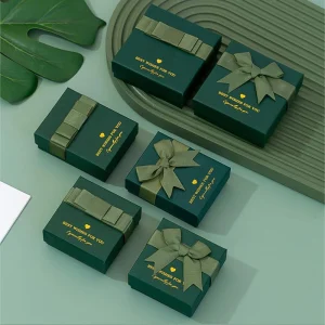 Luxury Dark Green Paper Cardboard Necklace Bracelet Rings Earrings Pendant Gift Paper Packaging Box for Jewelry With Ribbon Bowknot