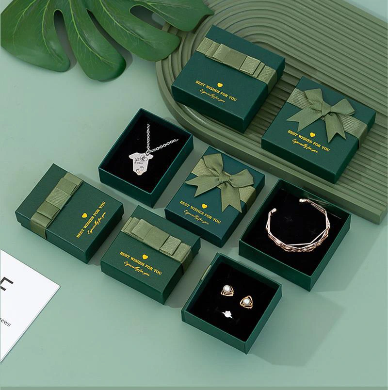 Luxury Dark Green Paper Cardboard Necklace Bracelet Rings Earrings Pendant Gift Paper Packaging Box for Jewelry With Ribbon Bowknot